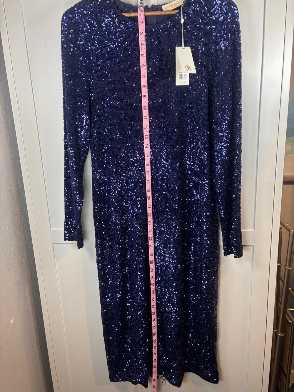 Tory Burch Navy Sequin Long-Sleeve Midi Dress